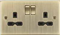 KnightsBridge 13A 2G Switched Socket with Black Insert - Square Edge Antique Brass